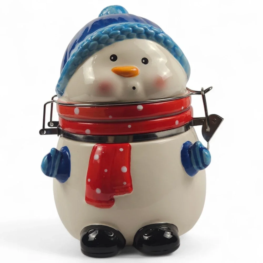 Ceramic Snowman Jar Clamp Lid Canister Christmas Holiday Candy Cookie Container